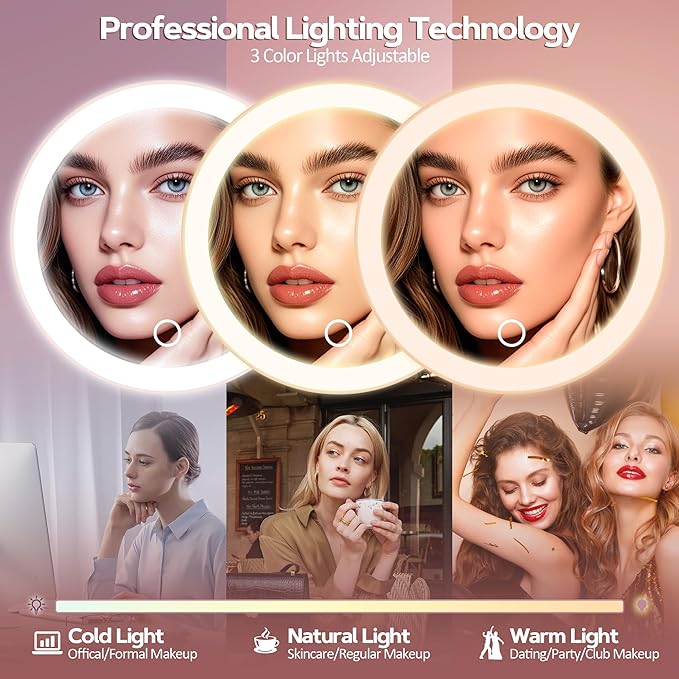 30X Magnifying Mirror Suction Cup, 6" Makeup Mirror with Lights, Rechargeable Travel Mirror with 3 Color Dimmable Lights for Precision Makeup, Fits Bathroom/Wall Suction/Hanging, Rosegold