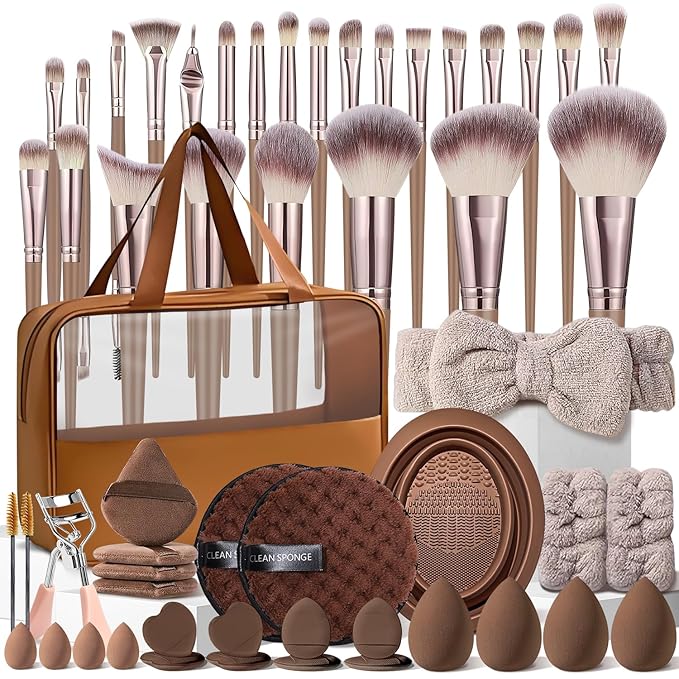 55Pcs Brown Makeup Brushes Set Professional Makeup Kit Multi-functional Makeup Tool Set with Case Facial Makeup Accessories, Foundation Makeup Brush Kit Eye and Face Make up Brushes & Tools