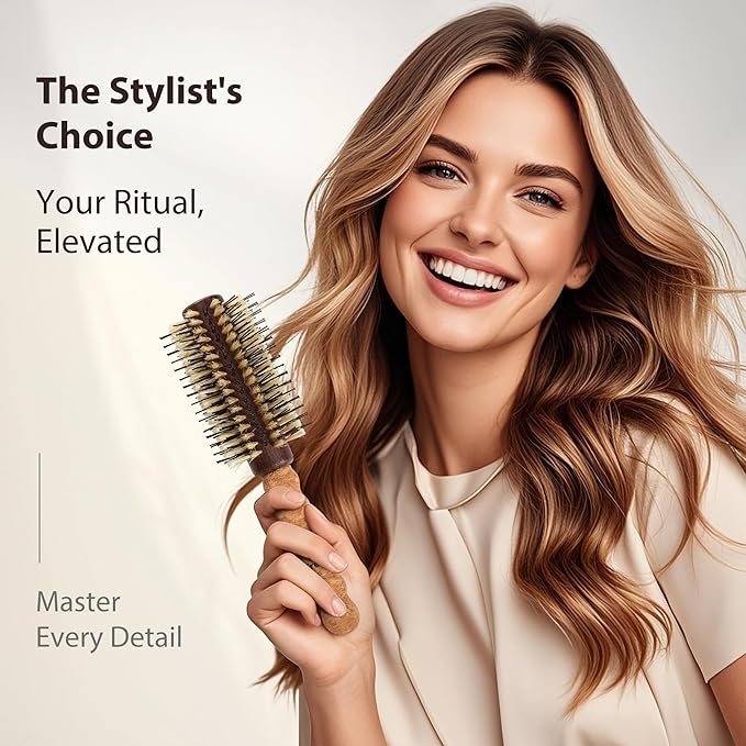 Premium Boar Bristle Hair Brush with Nylon | 2.5" Barrel Blowout Round Brush | No-Snag Ergonomic Cork Handle | Flawless Volume & Shine for Normal to Thick Hair