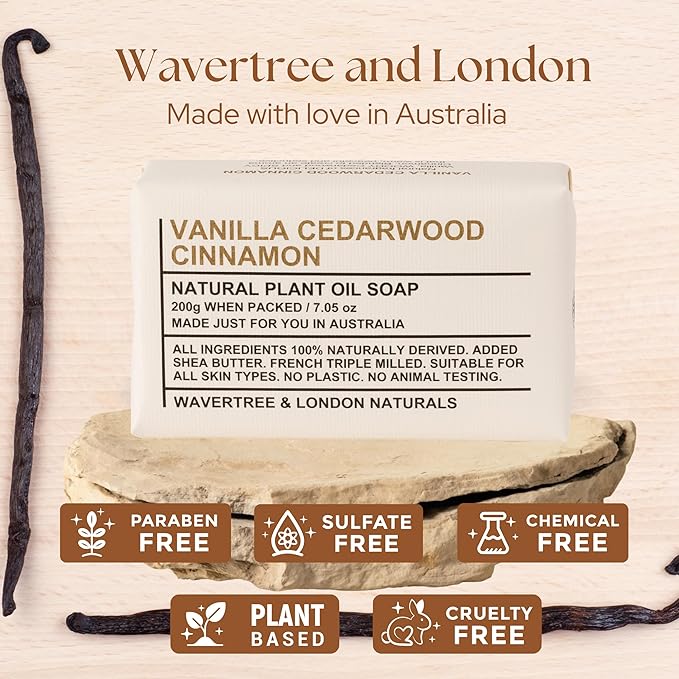 Wavertree & London Vanilla, Cedarwood, & Cinnamon Scented 100% Natural Soap Bar, 7oz Moisturizing French Triple Milled Soap Bar for Women & Men, Pure Bath & Body Soap (1 Bar)