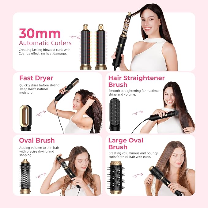 6 in 1 Blow Dryer Brush, Hair Dryer Brush Fast Drying 3 Heat Settings, Hot air Styler Auto Curling Straightening Voluming Smoothing for Women Salon & Travel Use (ALCI Plug)