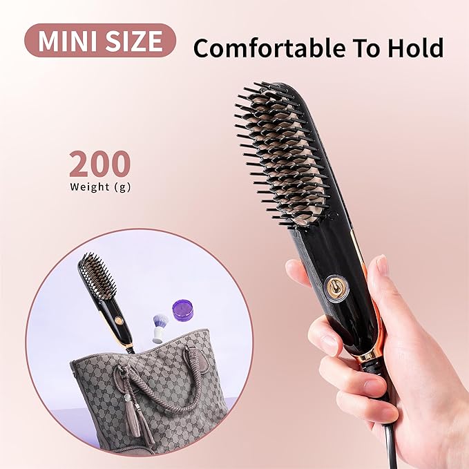 Mini Hair Straightening Iron with Built-in Comb for Travel, Portable Hair Straightener Brush, Ionic Hot Comb Straightener for Women (Black)