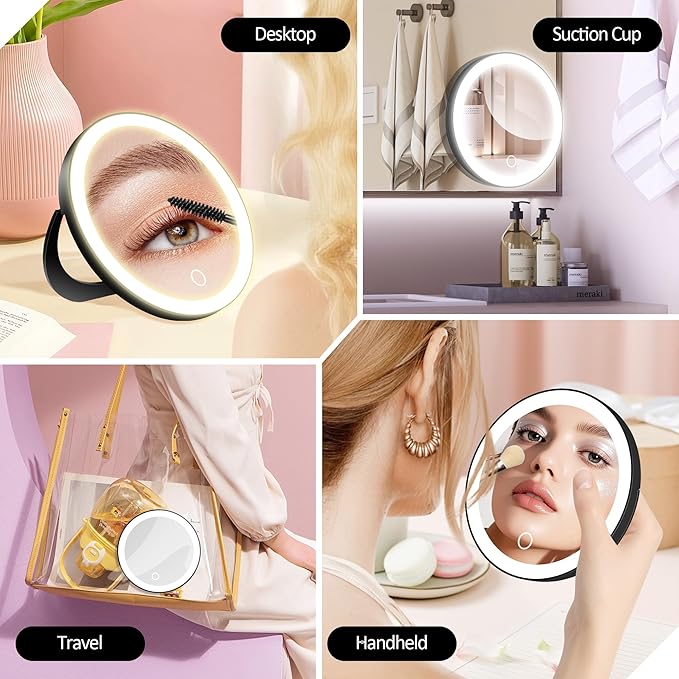 30X Magnifying Mirror Suction Cup, 6" Makeup Mirror with Lights, Rechargeable Travel Mirror with 3 Color Dimmable Lights for Precision Makeup, Fits Bathroom/Wall Suction/Hanging, Black