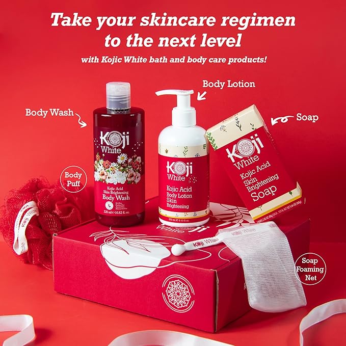 Koji White Gift Set for Women Bath Set - Kojic Acid Soap, Body Wash and Body Lotion for Glowing Skin, Moisturizer, Nourishing, Even Skin Tone, Vegan Skincare Gift Set (3 Pcs)