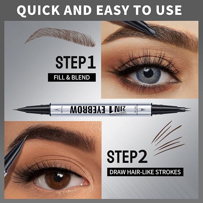 2 Prong Tip Microblading Eyebrow Pen - 2-in-1 Waterproof Eyebrow Pencil, Long-Lasting Natural Hair-Like Brows, Smudge-Proof & Easy to Use (02# Brown)