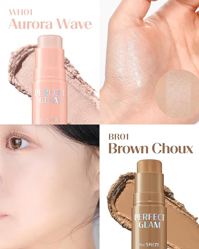 THESAEM Perfect Glam Stick Contour with Blending Sponge BR01 Brown Chou - Neutral Bronze Creamy Texture Face Contouring Balm - Silky Smooth Formula with Natural Dewy Finish, 0.2oz.