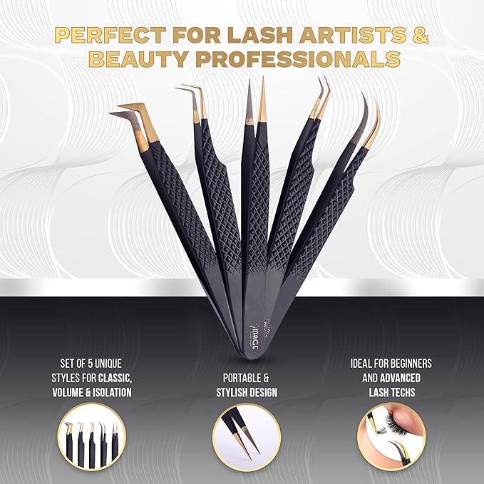 5 Pcs Fiber-Tip Japanese Steel Lash Tweezer Set with Leather Case, Professional Eyelash Tweezers for Lash Extensions – Titanium Coated, 90 & 45 Angled, Precision Pointed Tweezers (MATT BLACK)
