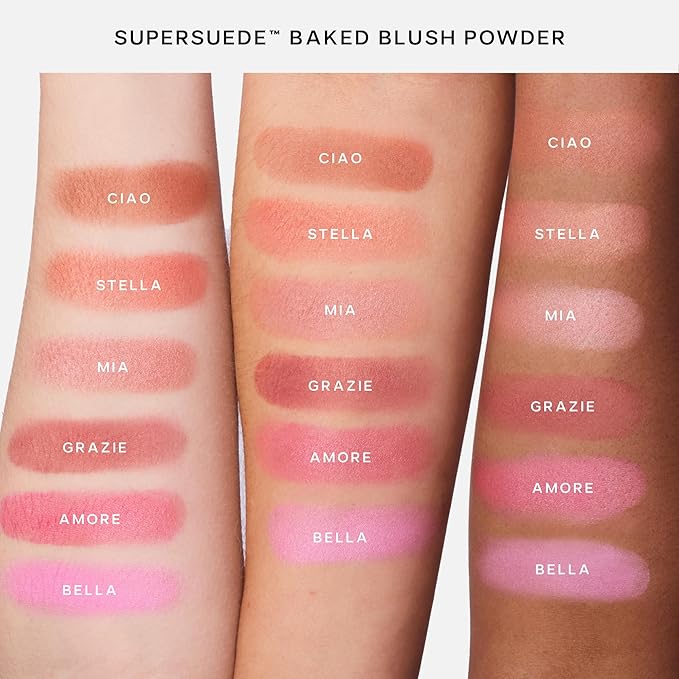 Saie SuperSuede Baked Blush - Talc-Free Powder Blush for All Day Wear - Enriched with Plant-Derived Squalane + Glycerin to Help Moisturize Dry Skin - Ciao (0.1 Ounce)