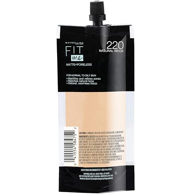Maybelline New York Fit Me Matte + Poreless Liquid Foundation, Pouch Format, 220 Natural Beige, 1.3 Ounce