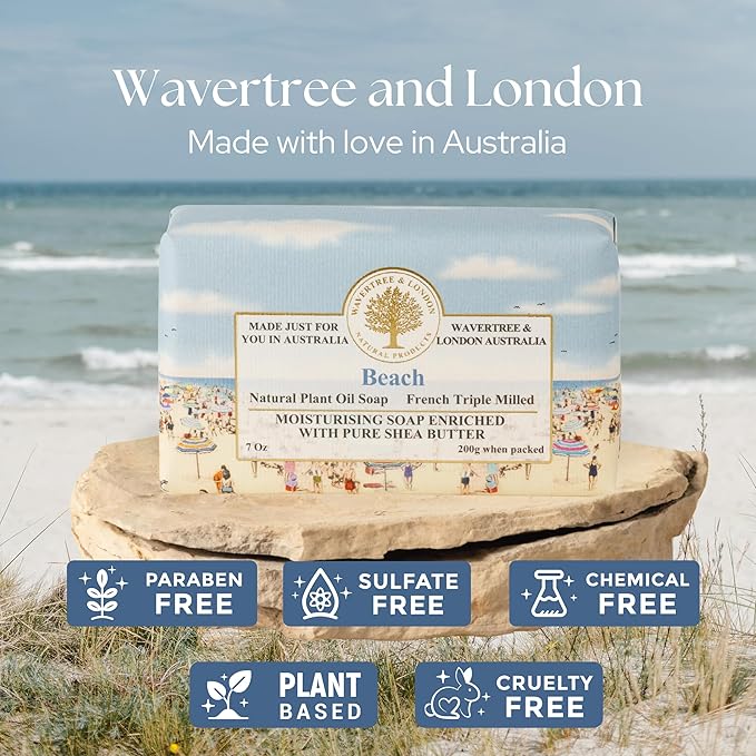 Wavertree & London Beach Scented Natural Soap Bar, 7oz Moisturizing French Triple Milled Soap Bar for Women & Men Enriched with Organic Shea Butter, Pure Bath & Body soap bar (1 Bar)