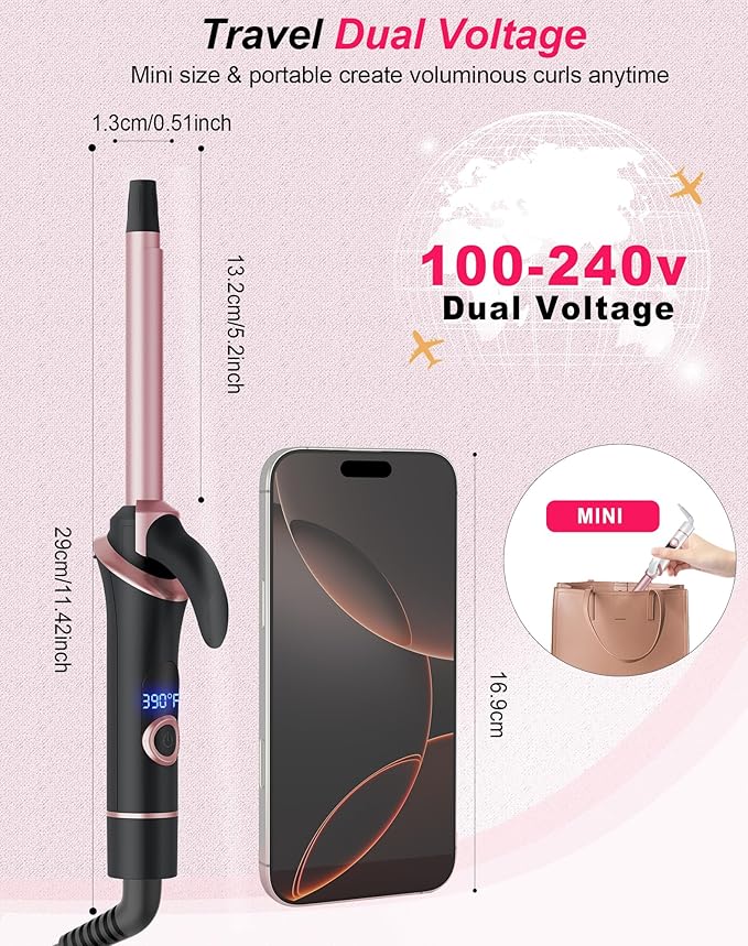 Ukliss Mini Curling Iron for Short Hair Dual Voltage Ceramic Travel Small Curling Iron 1/2 Inch Barrel Curler Portable with 30S Fast Heating, 5 Temps, Auto Shut-Off for Global (1/2'' Black)