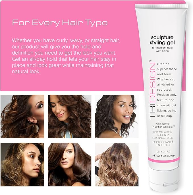 TRIDESIGN Sculpture Hair Styling Gel – Strong Hold for All Hair Types, Flake-Free Formula for a Wet Look, Curl Definition, or Textured Style – 6 oz