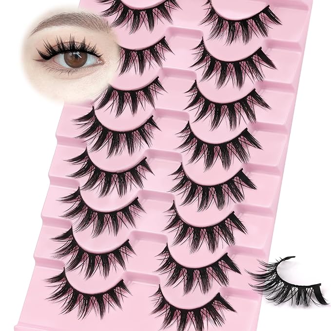 Ahrikiss Lashes Spiky Manga Lashes Anime False Eyelashes 8 Pairs Faux Mink Lashes Cosplay Thick Fake Eyelashes Soft Strip Lashes 8-16mm Wispy Fake Lashes Natural Look (Fairy)