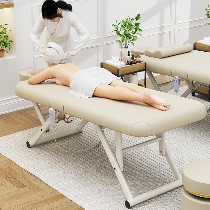 Adjustable Massage Table with Face Pillow & Headrest, Silent and Easy to Adjust for Treatment Table Physical Therapy Table Spa Facial Bed - Adjustable Backrest, Electric Leg Lifting, Beige Gray