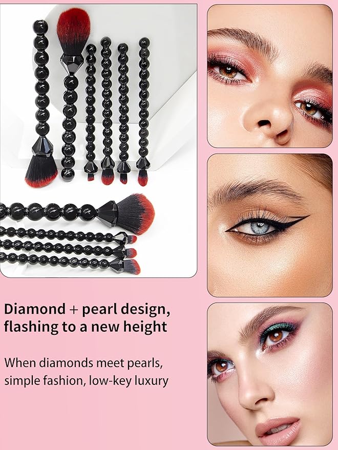 COSHINE Unique Diamond and Pearl Design Makeup Brush Set, 10pcs Cute and Full Complete Powder, Concealer, Blush, Eye Shadow Cosmetic Brushes Kit (BLACK)