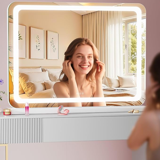 Vanity Mirror with Lights, 40" x 29" LED Makeup Mirror with 10X Magnification, Dimmable 3 Modes, Memory Function, Smart Touch, USB Charging Port, Lighted Makeup Mirror Round White