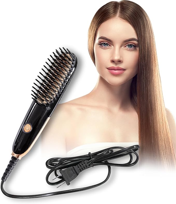 Mini Hair Straightening Iron with Built-in Comb for Travel, Portable Hair Straightener Brush, Ionic Hot Comb Straightener for Women (Black)