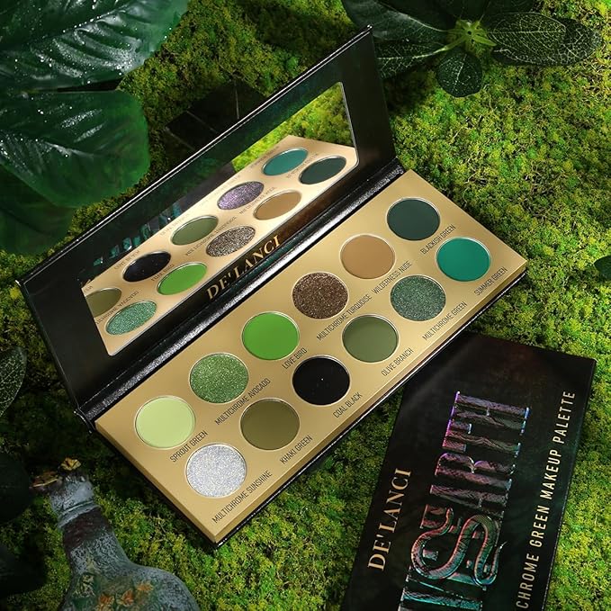 DE'LANCI Olive Green Eyeshadow Palette Multichrome, Ultra-Pigmented Chrome Brown Green Eye Shadow for Green Eyes Makeup, Matte Shimmer Dark Lime Emerald Eyeshadow Pallet for Goth Cos Christmas Makeup