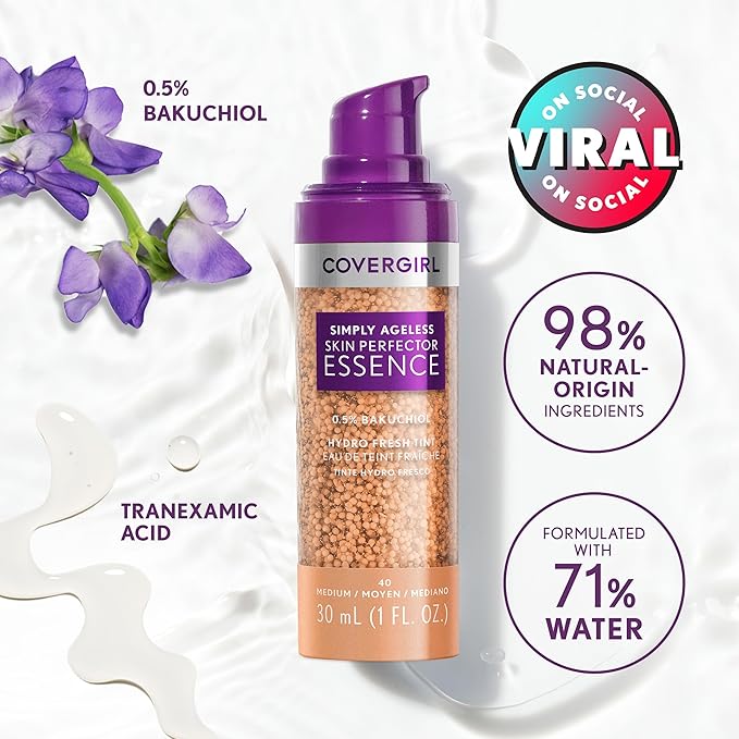 Covergirl Simply Ageless Skin Perfector Essence Foundation, 10 Fair, Tinted Skincare Makeup Hybrid, Sheer Tint, Radiant Finish, Glowy Finish, Vegan Formula, 1.0oz
