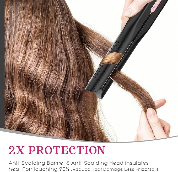 SKIMI Airflow Styler, Titanium Flat Iron Hair Straightener, Professional Curling Iron with Cooling Air Vents to Lock in Style, 5 Temps & Dual Voltage, Auto Off (Black & Pink).