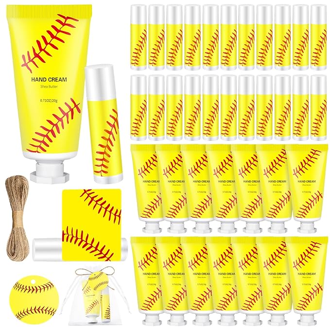144 Pcs Softball Lip Balms Hand Cream Sets Softball Party Supplies Including 36 Lip Balm and Moisturizing Hand Cream 36 Organza Bags Cards and Ropes for Team Accessories Thank You Gifts