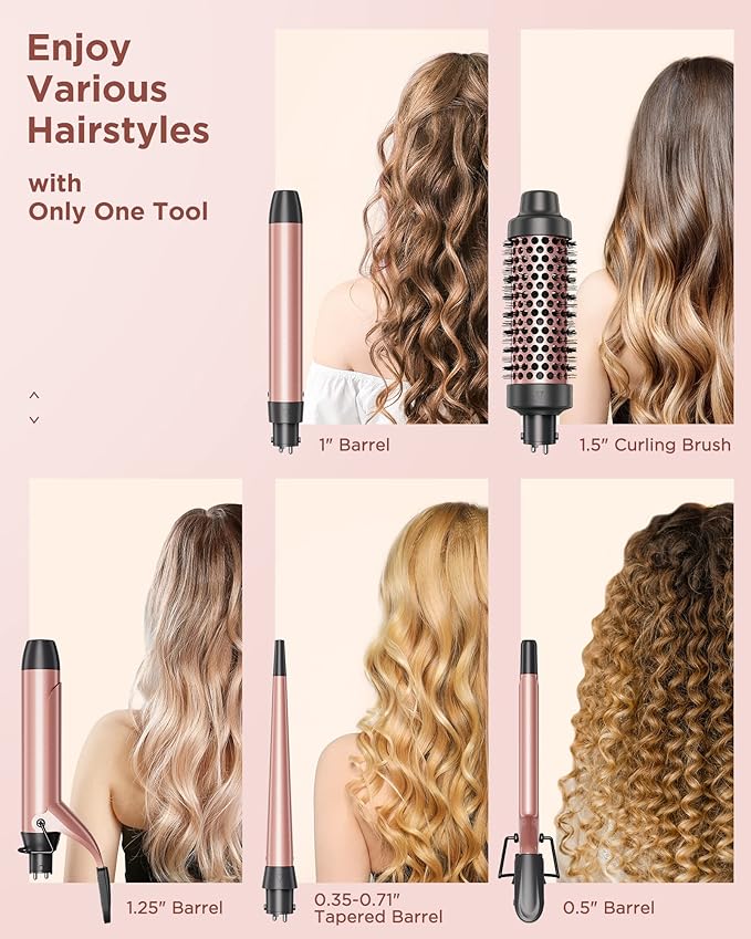 Wavytalk 5 in 1 Curling Iron Set with Curling Brush and 4 Interchangeable Ceramic Curling Wand (0.35"-1.25”), Wand Curling Iron Instant Heat Up, Dual Voltage Hair Curler