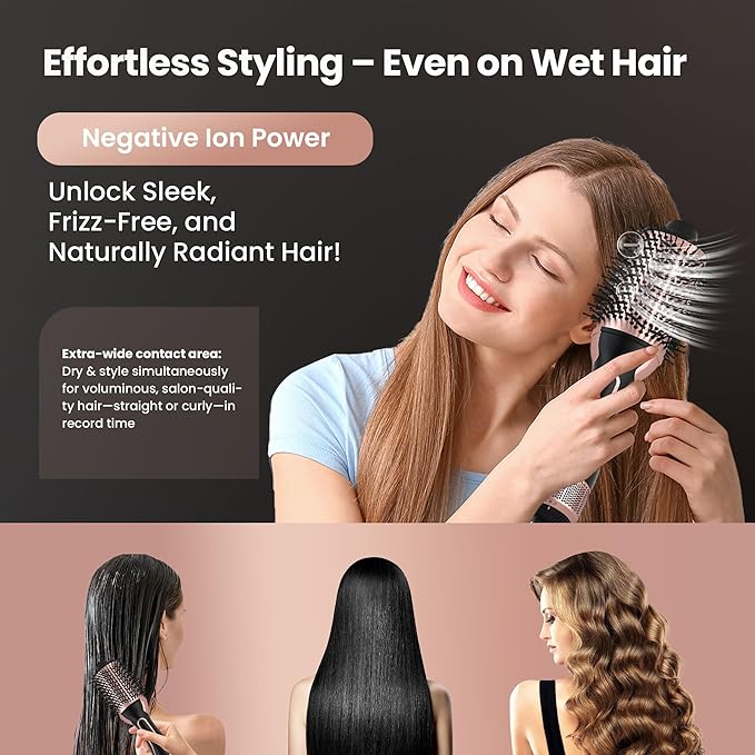 PRITECH 1000W Dual Voltage Ceramic Ionic Hair Dryer Brush,4-in-1 Hot Air Styler & One Step Volumizer for Straight & Curly Hair Salon (110-120V/220-240V),Black Gold