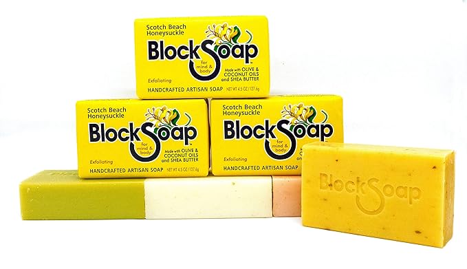 BLOCKSOAP FOR MIND & BODY Honeysuckle Artisan Bar Soap 3-Pack with Sea Salt, Olive Oil, Coconut Oil and Shea Butter (4.5oz)