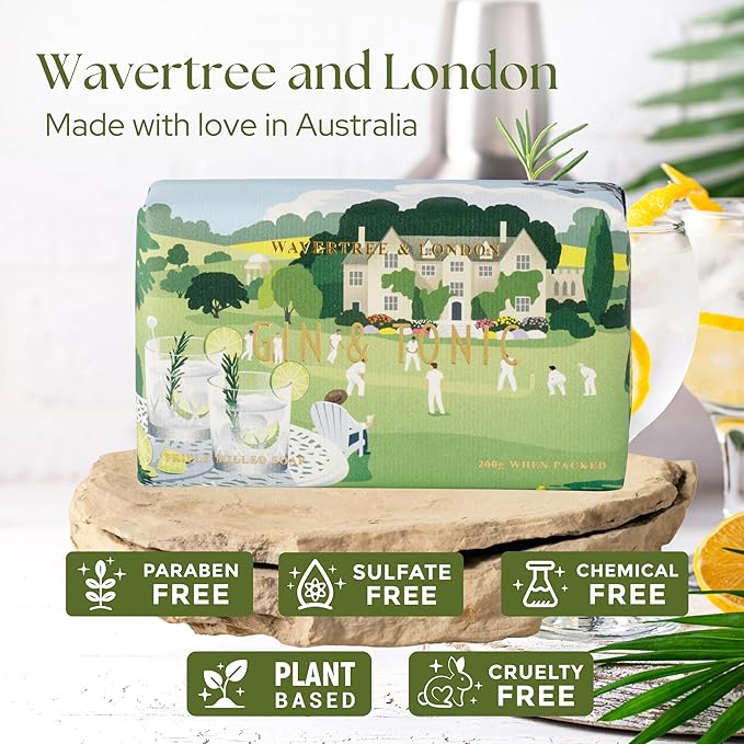 Wavertree & London Gin & Tonic Scented Natural Soap Bar, 7oz Moisturizing French Triple Milled Soap Bar for Women & Men Enriched with Organic Shea Butter, Pure Bath & Body Soap (1 Bar)