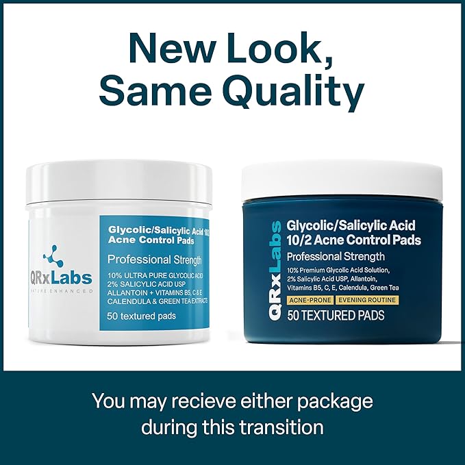 QRxLabs Salicylic & Glycolic Acid Pads (2% Salicylic & 10% Glycolic) - Acne Pads for Face & Bacne with Vitamins B5, C & E, Calendula & Green Tea - Face Exfoliator - 50 Count Jar