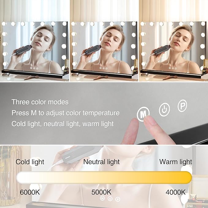 Vanity Makeup Mirror with Lights,Hollywood Vanity Mirror with 3 Color Modes,Lighted Vanity Mirror with Dimmable LED Bulbs &10X Magnification for Desk,Bedroom,Tabletop (Black, 22.8" x 18.1")