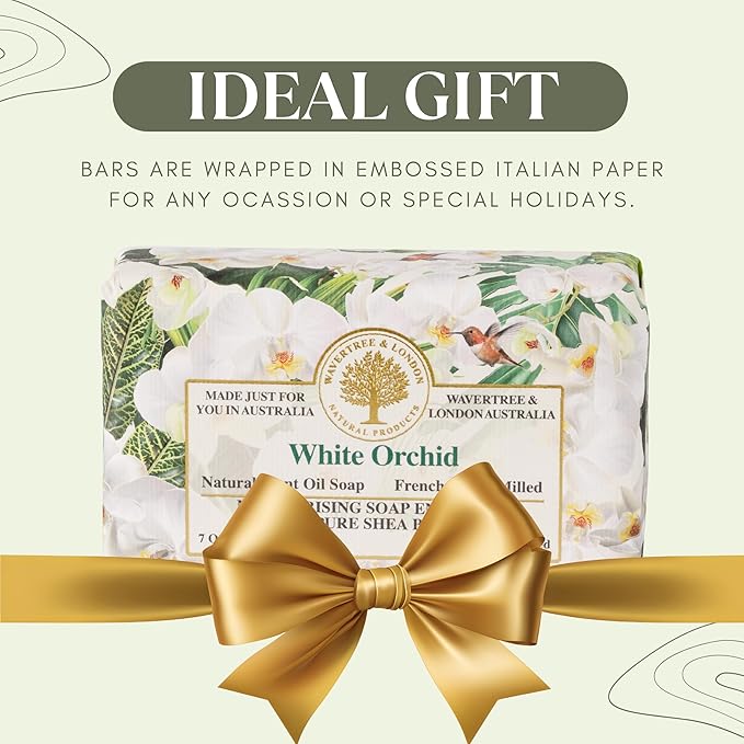 Wavertree & London White Orchid Scented Natural Soap Bar, 7oz Moisturizing French Triple Milled Soap Bar for Women & Men Enriched with Organic Shea Butter, Pure Bath & Body Soap (1 Bar)