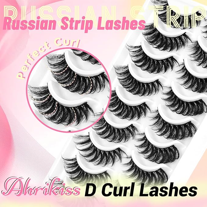 Ahrikiss Faux Mink Lashes Fluffy Russian Eyelashes 6D Volume False Eye Lashes that Look Like Extensions Thick Soft D Curl Fake Strip Lashes 10 Paris Pack(R3)