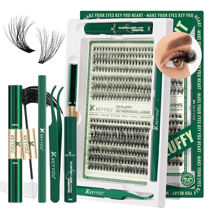 KEYYOU 3D Effect Lash Extension Kit - 280pcs D Curl 8-16MIX Eyelash Clusters with Lash Bond, Seal, Tweezers, Remover & Brush for Volume (Brown, Faux Mink, Adhesive Mount)
