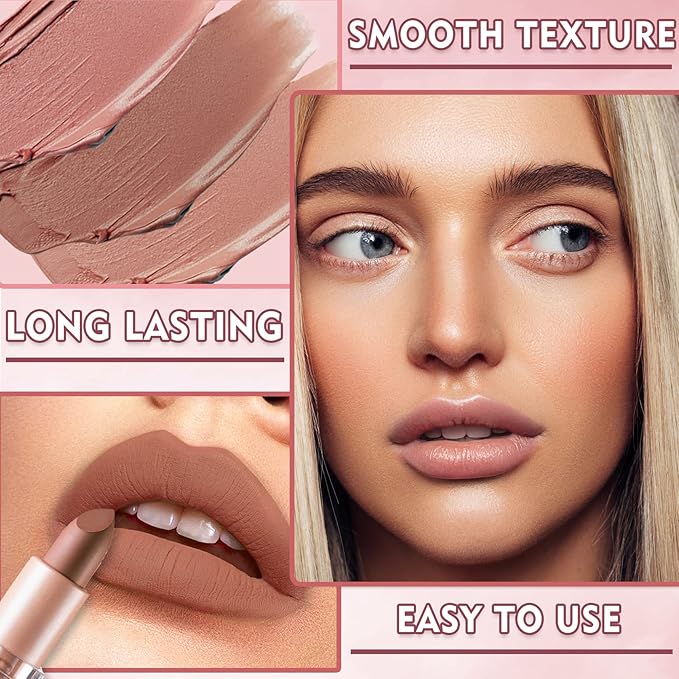 3PCS Matte Nude Lipstick Set Velvet Lip Gloss Non-Fading Non-Sticky Cup Nude Lipstick Matte Lip Stain Long Lasting Waterproof Lipstick for Women Girls Daily Lip Makeup - Set A