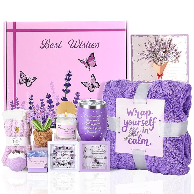 Valentines Day Gifts for Her Birthday Gifts for Women ,Self Care Get Well Soon Gifts Baskets Lavender Spa Kit Bath Set Gifts for Mom Girlfriend Wife Daughter Sister Best friend w/ Blanket