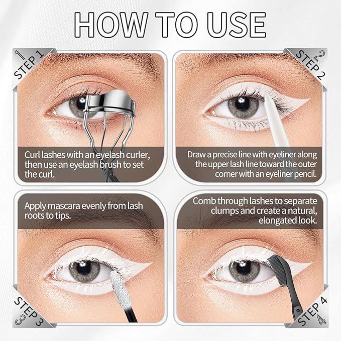 White Mascara and Eyeliner Set,5D Colored Mascara Volume and Length Waterproof,Natural Curling rimel de pestañas,Suitable for Women Eye Makeup