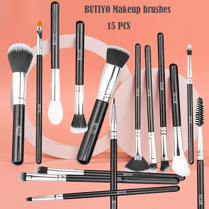 Makeup Brushes Set BUTIYO 15 Pcs Synthetic Foundation Powder Concealers Eye shadows Blush Eye Brow Makeup Brushes with black (15 PCS) FB029