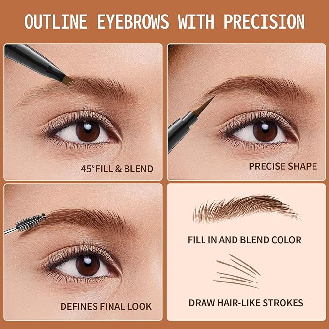 Eyebrow Pen, 2-in-1 Dual-Ended Microblading Eyebrow Pencil, Magical Faux Brow Pen with 4-Fork-Tip & Precise Brush-Tip Create Natural Hair-Like Brow, Waterproof, Stay on All Day, Grey