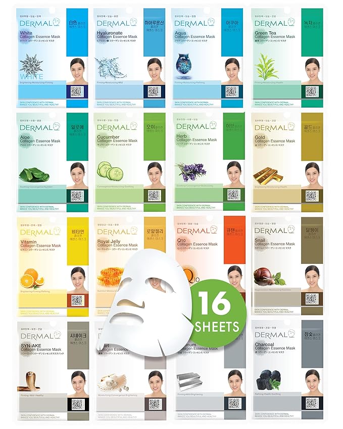 DERMAL Korean Collagen Face Mask – Hydrating & Soothing Sheet Mask with Panthenol – Hypoallergenic Calming Moisture Care for All Skin Types – 16 Combo Pack A