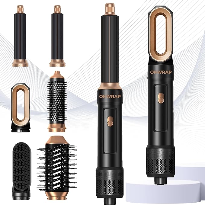 6 in ONE Blow Dryer Brush,Air Curling Iron Round Brush Blow Dryer 800W,Ionic Hair Dryer Brush for Women, Hot Air Brush Hair Styling Tools 100-120V (Black Gold)
