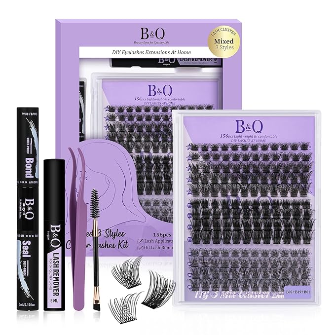 Lash Clusters Kit B01+B02+B19 Eyelash Extension Kit B&Qaugen DIY Lash Extension Kit 156 PCS Lash Clusters 8-18mm Cluster with Lash Bond and Seal Lash Applicator Tool (Kit,Andromeda)