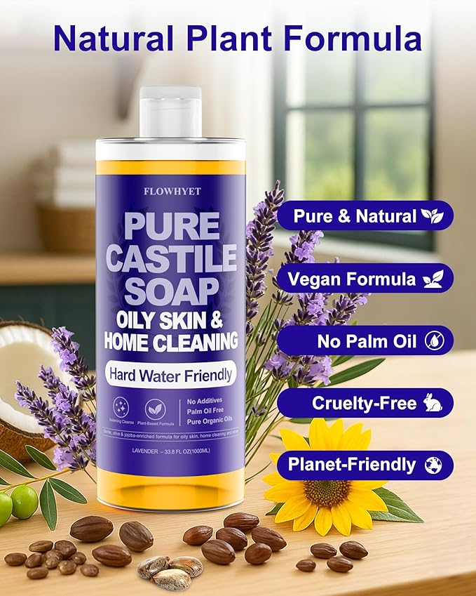 Pure Castile Soap Liquid Lavender 33 fl oz – Natural & Vegan Body Wash for Oily & Sensitive Skin, Hard Water Friendly Bath Soap Liquid for Body,Face, Laundry Soap & Home Cleaning