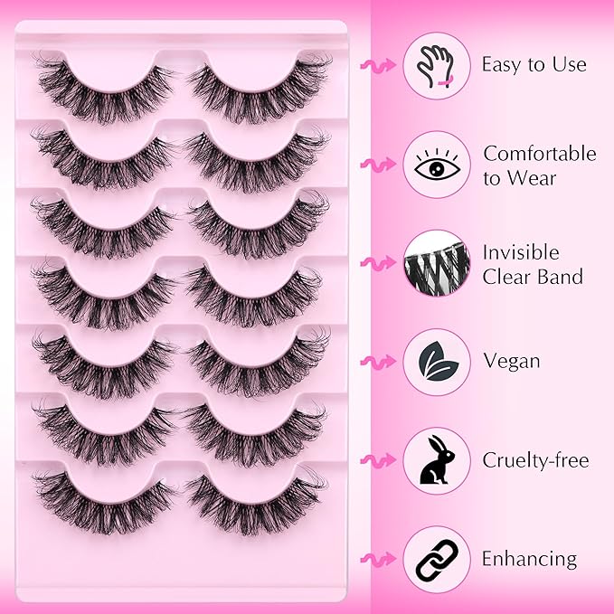 Strip Lashes Wispy False Eyelashes Clear Band Mink Lashes Natural Look Fake Eyelashes 3D 17MM Wispy Cat Eye Lashes Pack, 7 Pairs