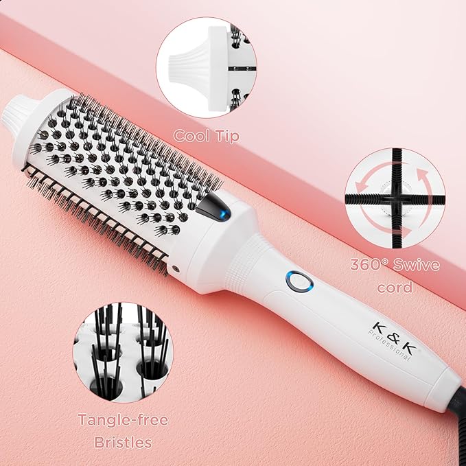 K&K Thermal Brush, White 1.77 Inch Heated Round Brush, Professional Heated Curling Ceramic Tourmaline Ionic Curling Iron, Hot Styling Volumizing Comb, Dual Voltage