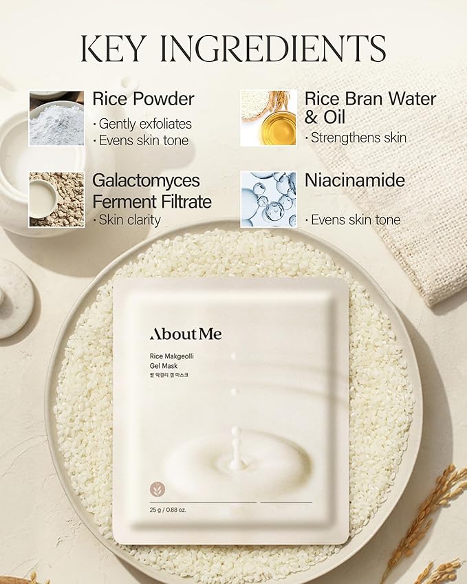 About Me Rice Makgeolli Gel Mask – Korean Gyeongbokgung Rice Powder Hydrogel Face Mask for All Skin Types – Traditional Fermentation with Galactomyces & Niacinamide – Korean Skin Care – 5 Sheet