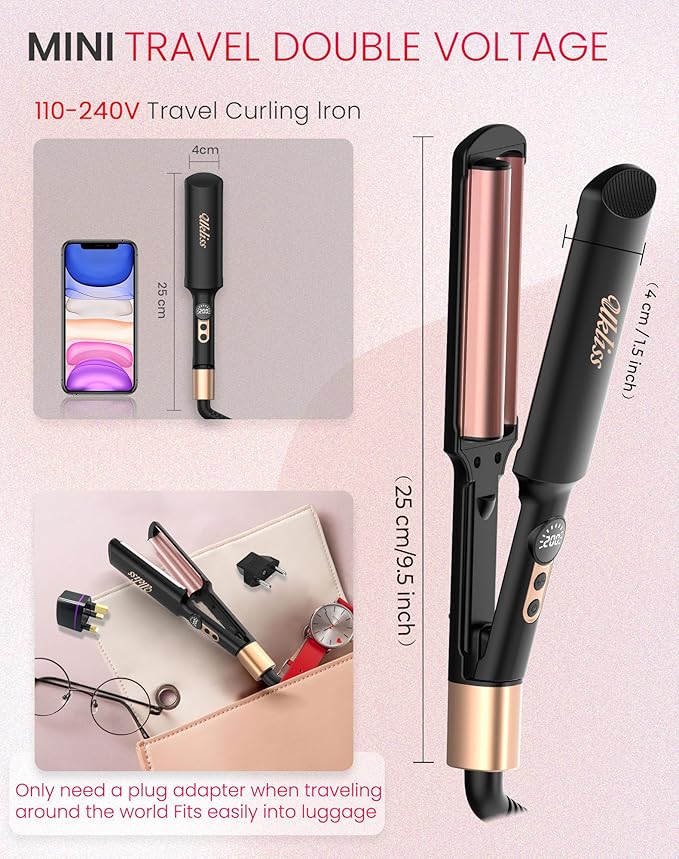 Ukliss Crimper Hair Tool Mini 0.4 Inch Travel Waver Hair Tool for Women Small Double Barrel Waver S Curling Iron Dual Voltage (110-240V) with European Plug Adapter, 5 Temps, Anti-scalding (Black Gold)