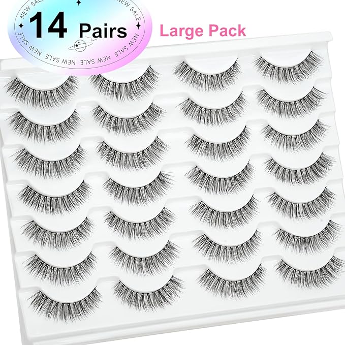 EMEDA False Lashes Natural Look Short Wispy “Shy" 12mm False Eyelashes with 0.1mm Thin Band Pestañas Postizas Thick Wispies Cat Eye Lash Strips Beginner 14 Pairs Pack (002 Shy)