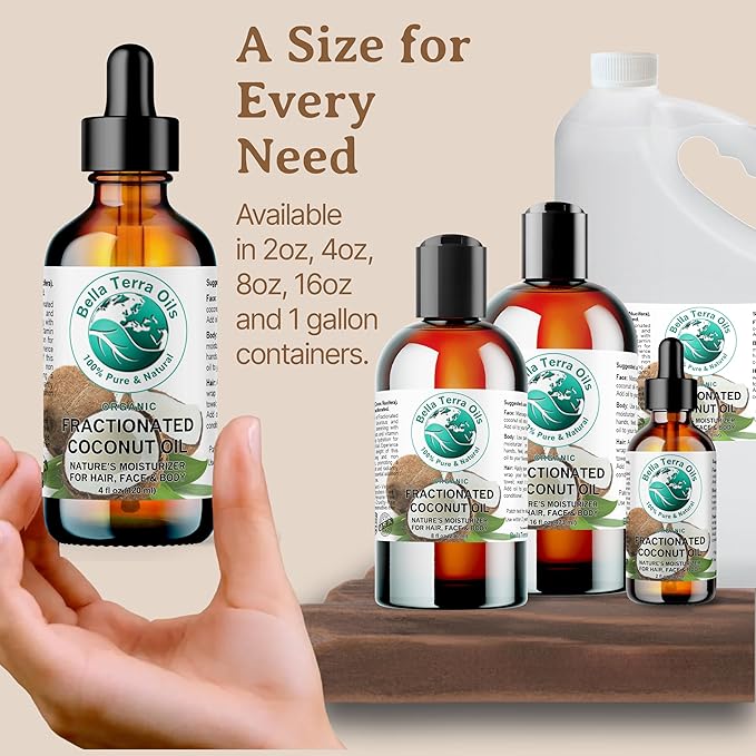 Bella Terra Oils - Organic Fractionated Coconut Oil 8 oz - Experience the Purity of Liquid Coconut, Bursting with Essential Fatty Acids, Elevate Your Skin Rituals