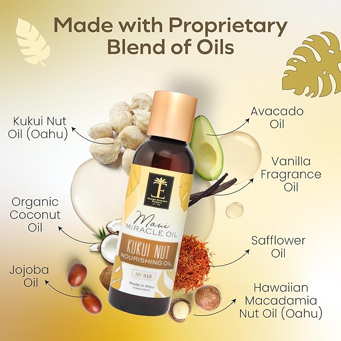 Island Essence Organic Kukui Nut Nourishing Oil – Hawaiian Blend with Kukui Nut Oil for Body & Hair – Made in Maui – 4.5 oz Bottle for Body Massage - Massage oils